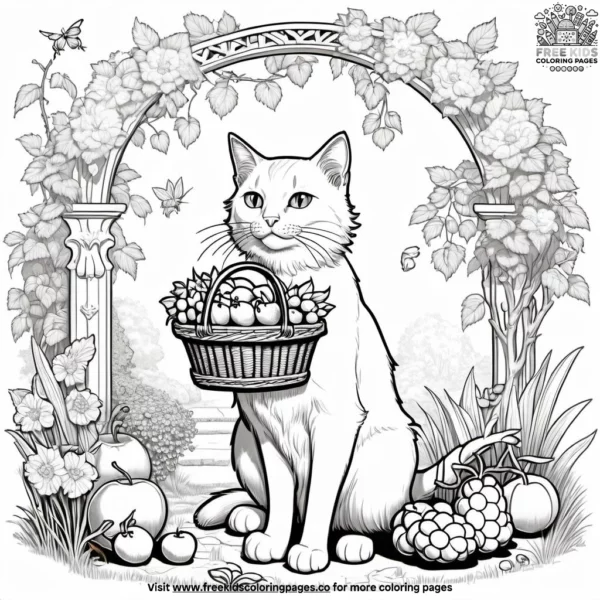 Cat in royal garden with flowers coloring pages.