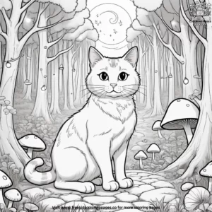 Cat in a storybook forest, with fairy lights and enchanted mushrooms.