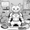 cat in a superhero lair, surrounded by high-tech gadgets and a large screen displaying a map of the city.