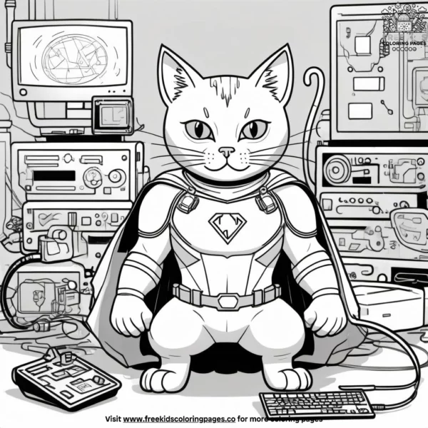 Cat in a superhero lair, surrounded by high-tech gadgets and a large screen displaying a map of the city.