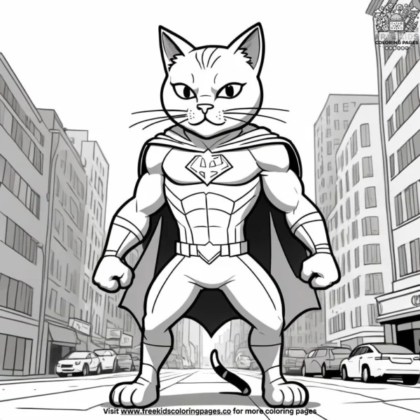 Cat in a superhero pose, standing proudly with a city skyline in the background.