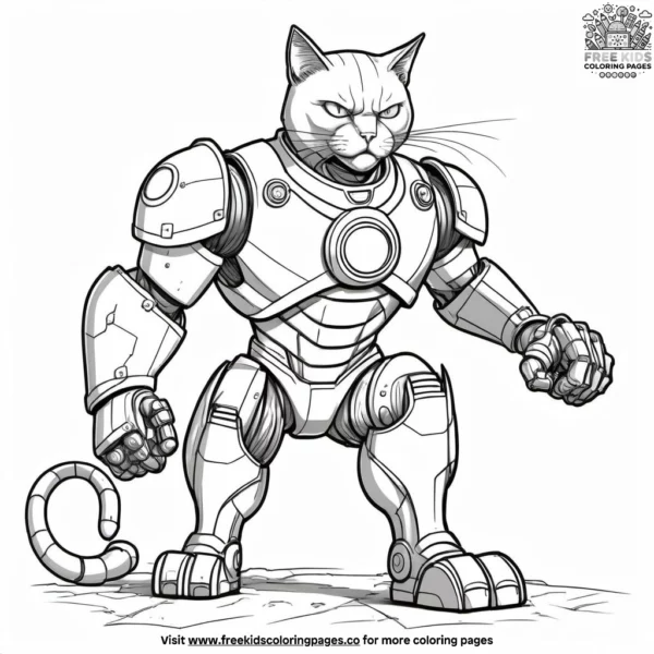 Cat in superhero suit fighting robot coloring pages