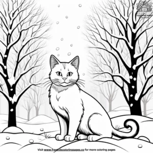 Cat in a winter wonderland scene with snow-covered trees and a snow-covered ground.