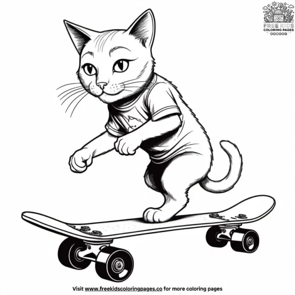 Cat on a skateboard, performing tricks and stunts in a skate park.