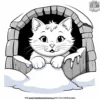 cat peeking out from a snow fort, with a cheerful expression.