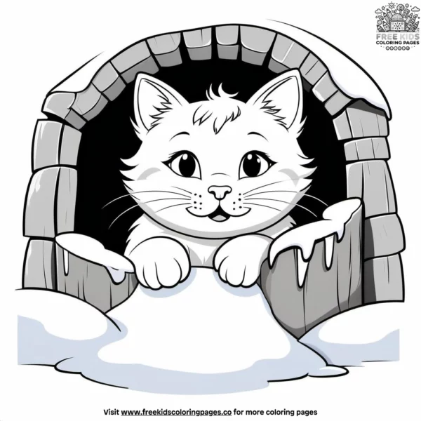 Cat peeking out from a snow fort, with a cheerful expression.