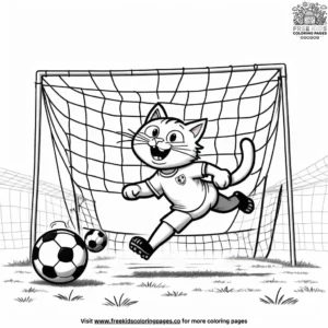 Cat playing soccer with a ball and goalposts.