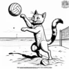 cat playing volleyball on a sandy beach.