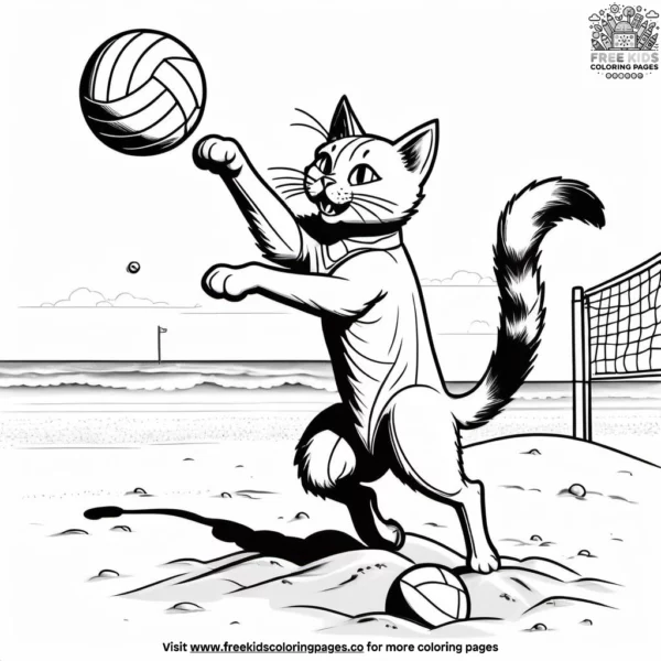 Cat playing volleyball on a sandy beach.