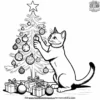 cat playing with Christmas ornaments on a decorated tree.