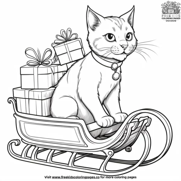 Cat pulling a sleigh loaded with christmas gifts.