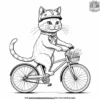 Cat riding a bicycle, complete with a helmet and streamers on the handlebars.