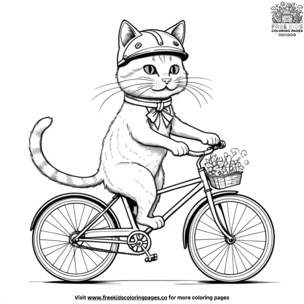 Cat riding bicycle with helmet coloring pages