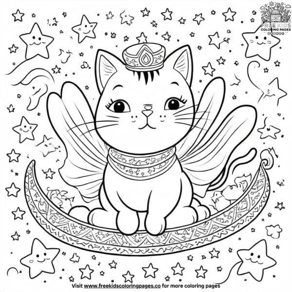 Cat on flying carpet coloring pages