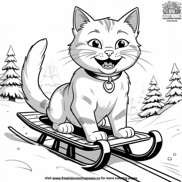 Cheerful sledding cat coloring pages