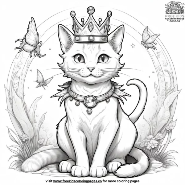 Cat with crown and fairies coloring pages