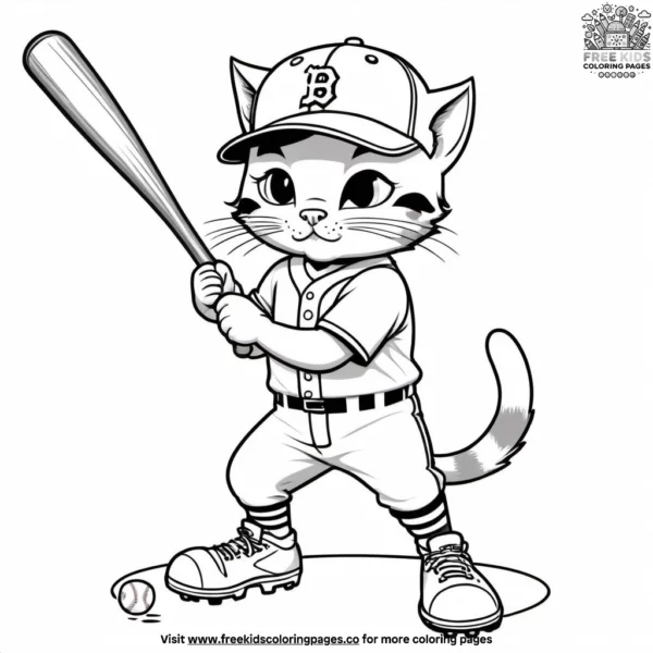 Cat with baseball cap and bat coloring pages