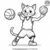 cat with a basketball, shooting hoops on a basketball court with a cheering crowd.