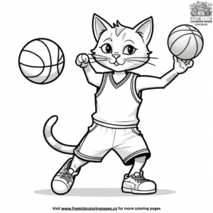 Cat with a basketball, shooting hoops on a basketball court with a cheering crowd.