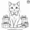 Cat with a festive bow, next to a pile of wrapped presents.