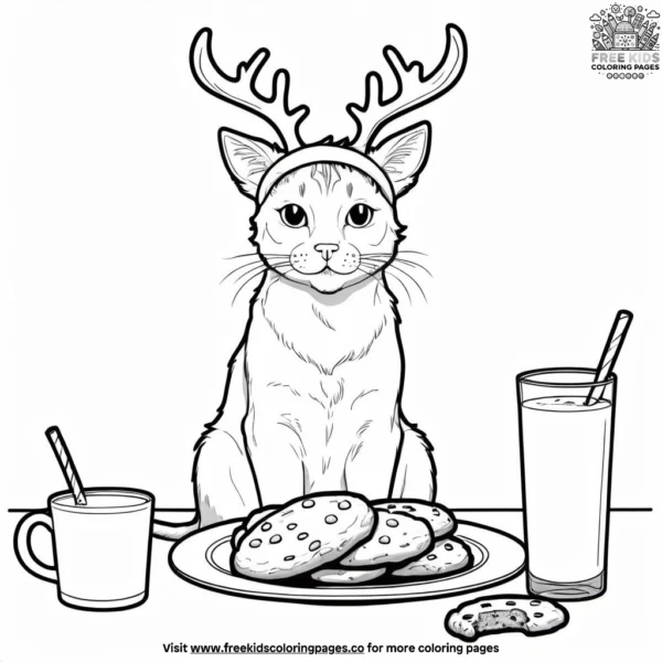 Cat with antlers and cookies coloring pages