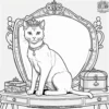 cat with a tiara, sitting at a vanity with a mirror and a jewelry box, preparing for a royal event.