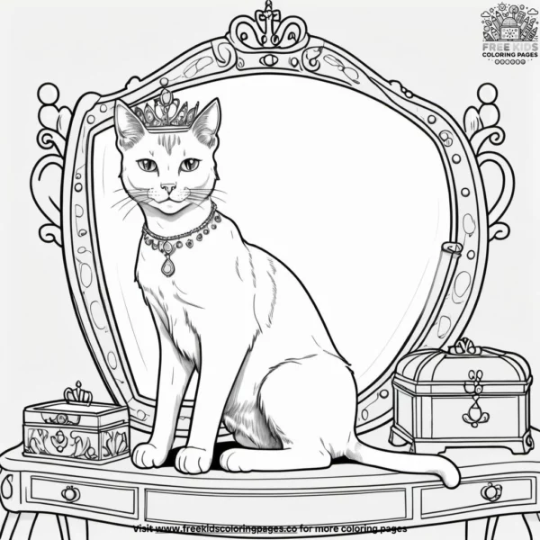 Cat with tiara at vanity coloring pages