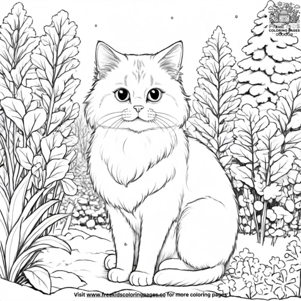 Cat with its fur all fluffed up, sitting in a snowy garden.