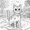 Cat with snowflakes falling around it, standing on a snowy street.