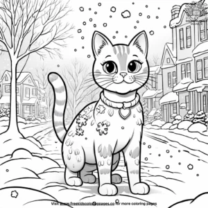 Cat with snowflakes falling around it, standing on a snowy street.