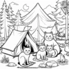 family of cats camping in the backyard, with a tent and a campfire.