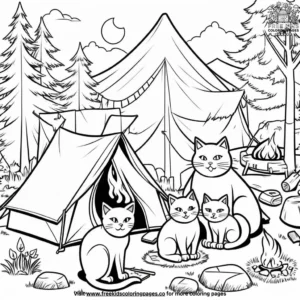 Family of cats camping in the backyard, with a tent and a campfire.