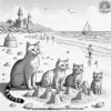 family of cats enjoying a day at the beach, with sandcastles and beach toys.