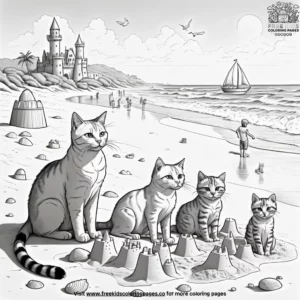 Family of cats enjoying a day at the beach, with sandcastles and beach toys.