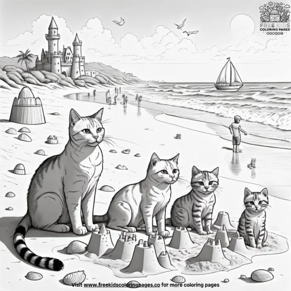 Family of cats enjoying a day at the beach, with sandcastles and beach toys.