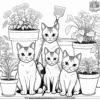 Family of cats gardening together, with potted plants and gardening tools.