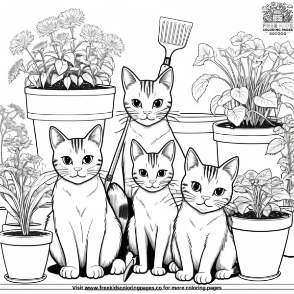 Cat family gardening together coloring pages