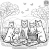 family of cats having a picnic in the park, with a basket and blankets.