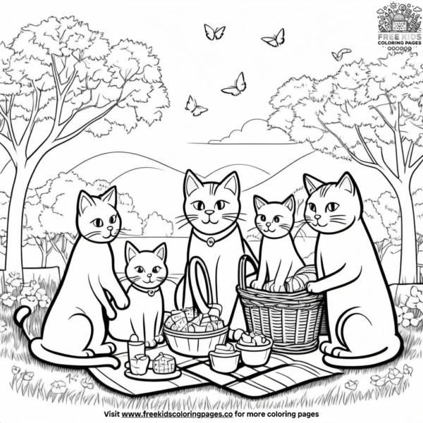 Family of cats having a picnic in the park, with a basket and blankets.