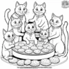 family of cats making a large batch of cookies together in the kitchen.