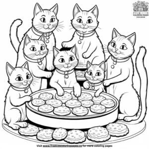 Family of cats making a large batch of cookies together in the kitchen.