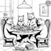 family of cats playing a board game together at a table.