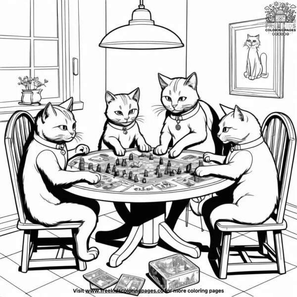 Family of cats playing a board game together at a table.