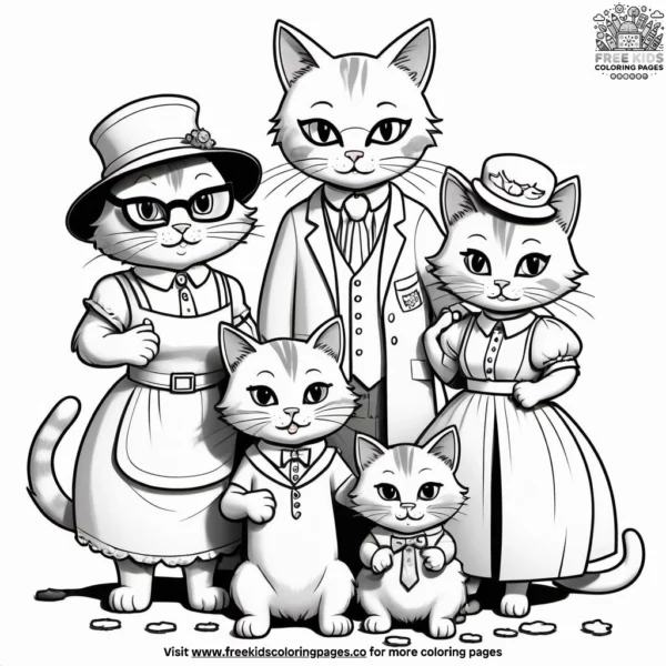 Family of cats playing dress-up with various costumes and props.