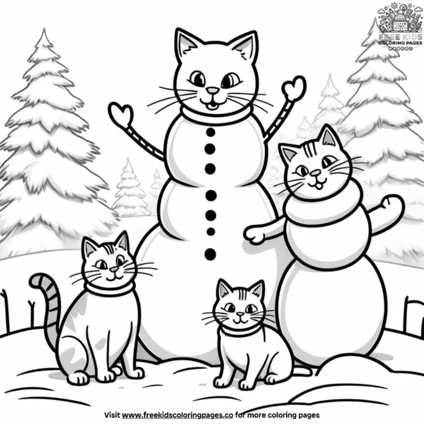 Family of cats playing in the snow, building a snowcat together.