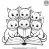 family of cats reading a storybook together before bed.