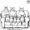 family of cats watching a movie on a couch.