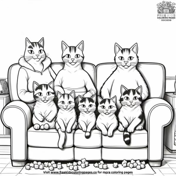 Family of cats watching a movie on a couch.