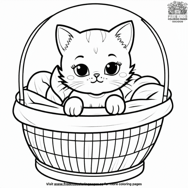 Kitten curled up in basket coloring pages