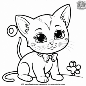 Kitten with bow playing with toy mouse coloring pages